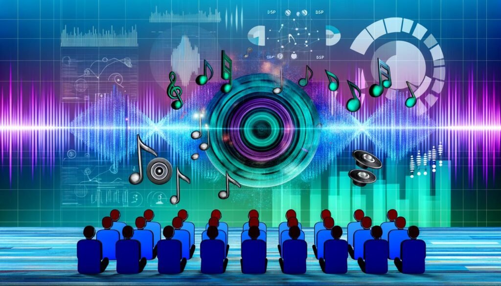 Modernes Titelbild mit schwebender Audiowelle aus Musiknoten, Datenpunkten und Lautsprechern, abstrahiertem Ad-Tech-Interface und Menschen mit Kopfhörern vor türkisen und violetten Soundwellen