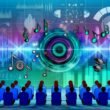 Modernes Titelbild mit schwebender Audiowelle aus Musiknoten, Datenpunkten und Lautsprechern, abstrahiertem Ad-Tech-Interface und Menschen mit Kopfhörern vor türkisen und violetten Soundwellen