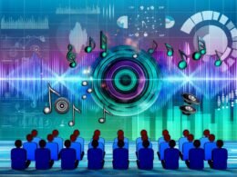 Modernes Titelbild mit schwebender Audiowelle aus Musiknoten, Datenpunkten und Lautsprechern, abstrahiertem Ad-Tech-Interface und Menschen mit Kopfhörern vor türkisen und violetten Soundwellen