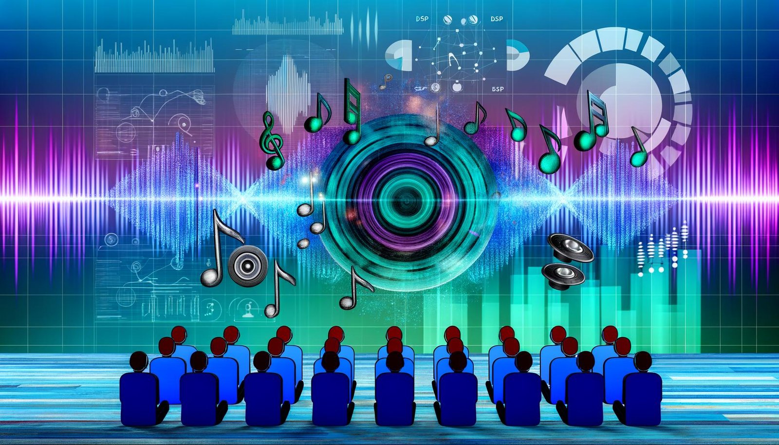 Modernes Titelbild mit schwebender Audiowelle aus Musiknoten, Datenpunkten und Lautsprechern, abstrahiertem Ad-Tech-Interface und Menschen mit Kopfhörern vor türkisen und violetten Soundwellen