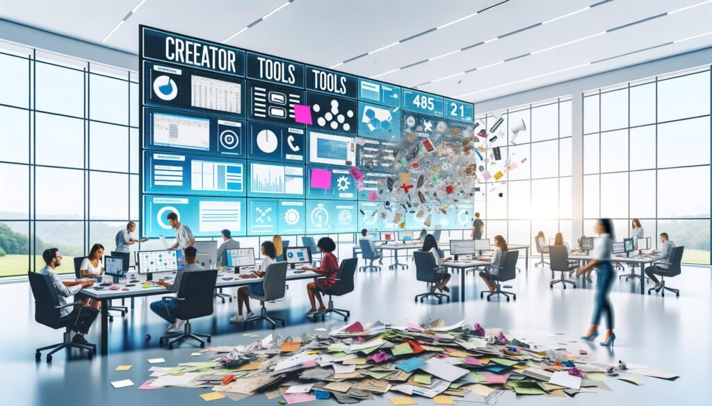 Marketer arbeiten gemeinsam in einem hellen, modernen Büro an einer digitalen Marketing-Schaltzentrale mit Echtzeit-Analytics, Automatisierung und KI-Tools, während veraltete Notizzettel und Excel-Tabellen im Vordergrund liegen.