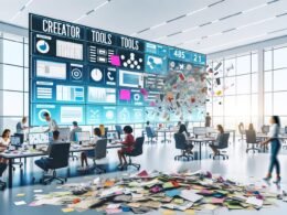 Marketer arbeiten gemeinsam in einem hellen, modernen Büro an einer digitalen Marketing-Schaltzentrale mit Echtzeit-Analytics, Automatisierung und KI-Tools, während veraltete Notizzettel und Excel-Tabellen im Vordergrund liegen.