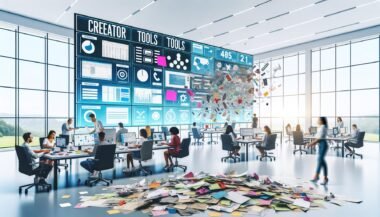 Marketer arbeiten gemeinsam in einem hellen, modernen Büro an einer digitalen Marketing-Schaltzentrale mit Echtzeit-Analytics, Automatisierung und KI-Tools, während veraltete Notizzettel und Excel-Tabellen im Vordergrund liegen.