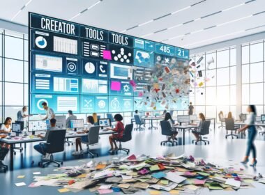 Marketer arbeiten gemeinsam in einem hellen, modernen Büro an einer digitalen Marketing-Schaltzentrale mit Echtzeit-Analytics, Automatisierung und KI-Tools, während veraltete Notizzettel und Excel-Tabellen im Vordergrund liegen.