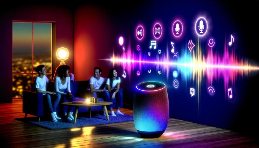 Wohnzimmer bei Dämmerung mit Amazon Echo-Lautsprecher in der Mitte, bunten Klangvisualisierungen, junger Personengruppe auf Sofa, Sprachsteuerung via Alexa, sichtbarem Amazon Music Katalog und Smart-Home-Geräten.