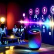 Wohnzimmer bei Dämmerung mit Amazon Echo-Lautsprecher in der Mitte, bunten Klangvisualisierungen, junger Personengruppe auf Sofa, Sprachsteuerung via Alexa, sichtbarem Amazon Music Katalog und Smart-Home-Geräten.