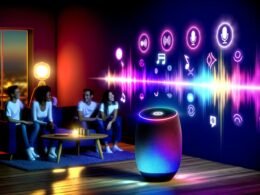 Wohnzimmer bei Dämmerung mit Amazon Echo-Lautsprecher in der Mitte, bunten Klangvisualisierungen, junger Personengruppe auf Sofa, Sprachsteuerung via Alexa, sichtbarem Amazon Music Katalog und Smart-Home-Geräten.