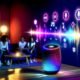 Wohnzimmer bei Dämmerung mit Amazon Echo-Lautsprecher in der Mitte, bunten Klangvisualisierungen, junger Personengruppe auf Sofa, Sprachsteuerung via Alexa, sichtbarem Amazon Music Katalog und Smart-Home-Geräten.