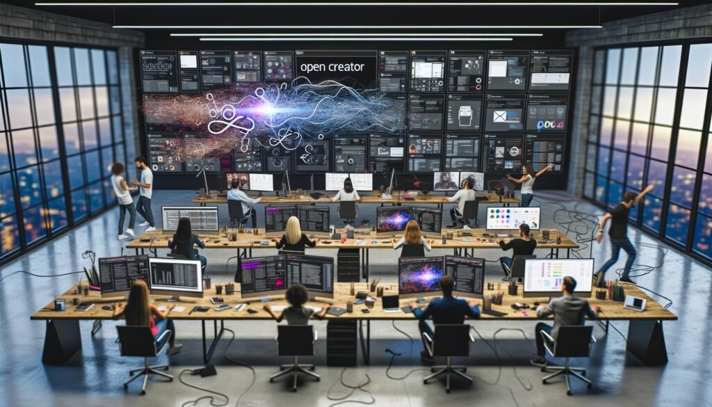 Kreativteam in einem modernen Loft-Büro arbeitet an Laptops und großen Monitoren, umgeben von digitalen Tools für Content-Produktion