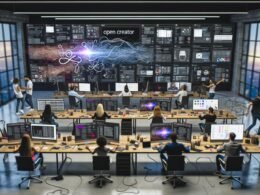 Kreativteam in einem modernen Loft-Büro arbeitet an Laptops und großen Monitoren, umgeben von digitalen Tools für Content-Produktion