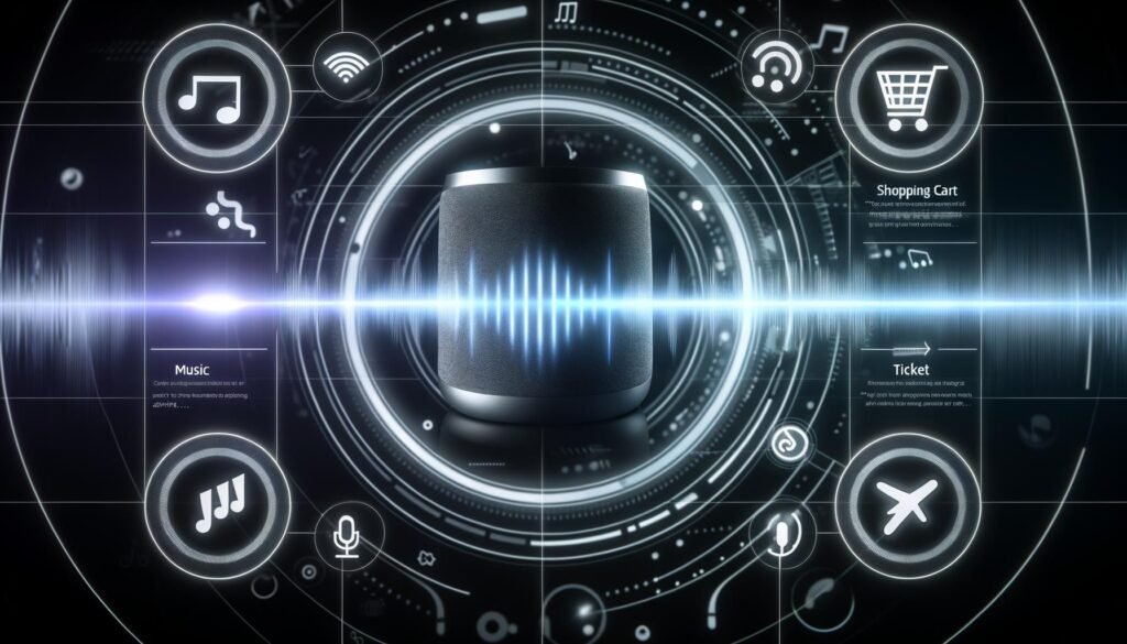 Futuristische Illustration eines Amazon Echo-Lautsprechers vor dynamischen Soundwellen und digitalen Icons für Musik, Warenkorb, Ticket und Streaming im Amazon Music-Interface-Stil.