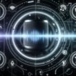 Futuristische Illustration eines Amazon Echo-Lautsprechers vor dynamischen Soundwellen und digitalen Icons für Musik, Warenkorb, Ticket und Streaming im Amazon Music-Interface-Stil.