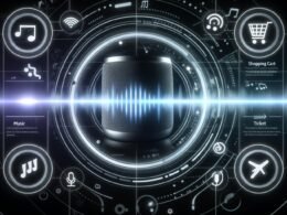 Futuristische Illustration eines Amazon Echo-Lautsprechers vor dynamischen Soundwellen und digitalen Icons für Musik, Warenkorb, Ticket und Streaming im Amazon Music-Interface-Stil.