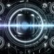 Futuristische Illustration eines Amazon Echo-Lautsprechers vor dynamischen Soundwellen und digitalen Icons für Musik, Warenkorb, Ticket und Streaming im Amazon Music-Interface-Stil.