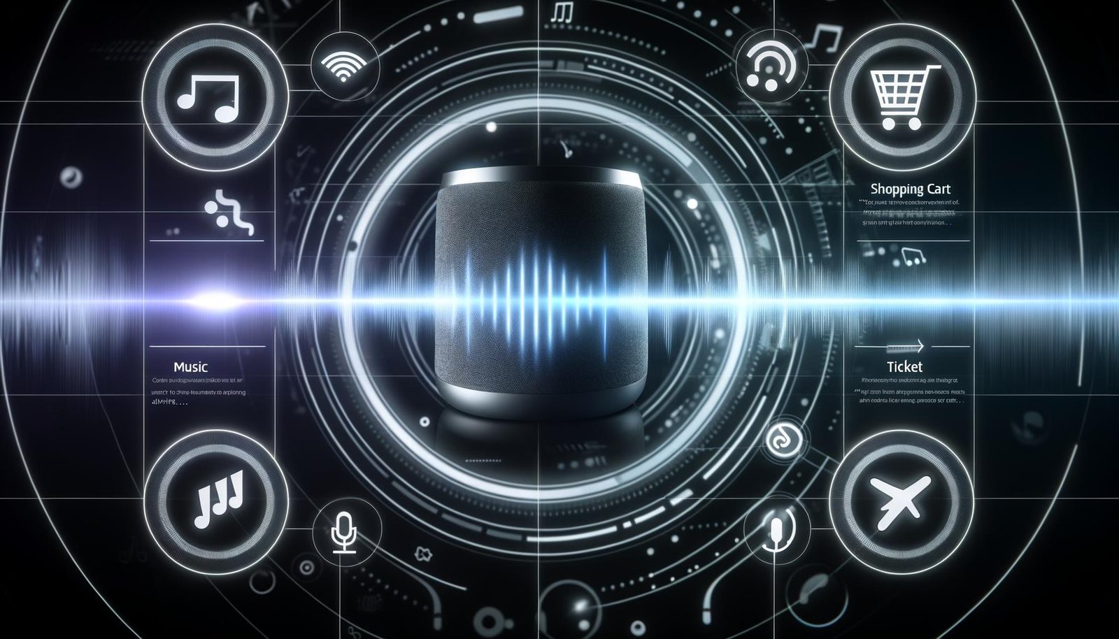 Futuristische Illustration eines Amazon Echo-Lautsprechers vor dynamischen Soundwellen und digitalen Icons für Musik, Warenkorb, Ticket und Streaming im Amazon Music-Interface-Stil.