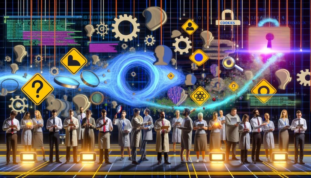 Illustration von Kreativen verschiedener Herkunft vor einem komplexen Netz aus Datenleitungen, Code, Dashboards und Analytics-Icons mit Hinweisen auf Datenschutz und digitale Herausforderungen.