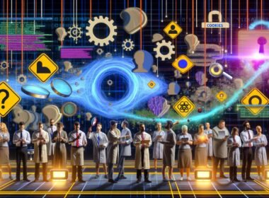 Illustration von Kreativen verschiedener Herkunft vor einem komplexen Netz aus Datenleitungen, Code, Dashboards und Analytics-Icons mit Hinweisen auf Datenschutz und digitale Herausforderungen.