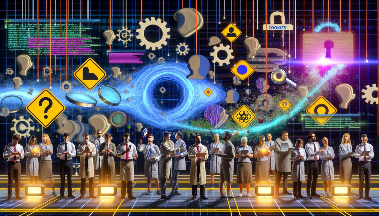Illustration von Kreativen verschiedener Herkunft vor einem komplexen Netz aus Datenleitungen, Code, Dashboards und Analytics-Icons mit Hinweisen auf Datenschutz und digitale Herausforderungen.