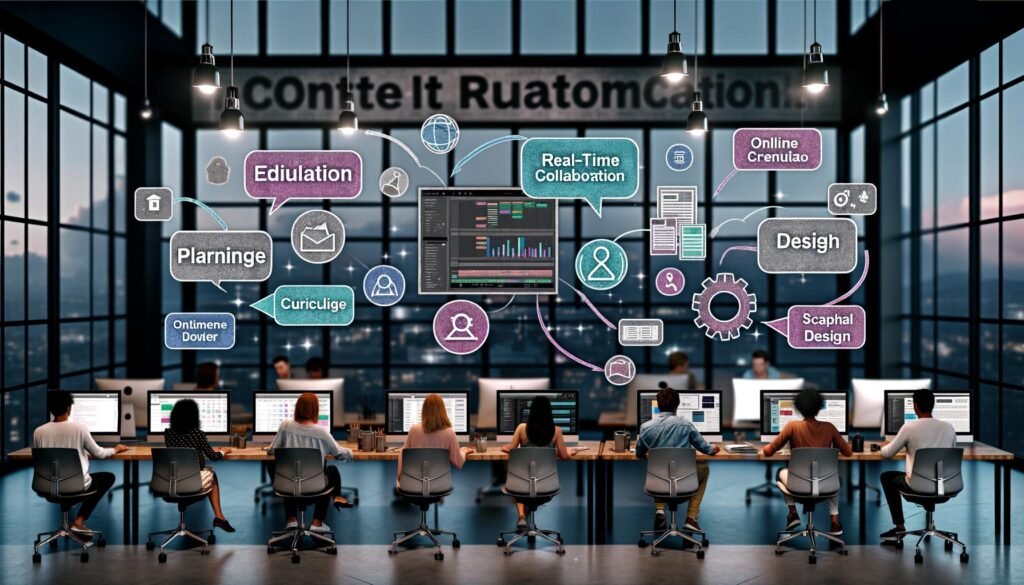 Modernes Büro mit einem Content-Team, mehreren Monitoren und integrierten Creator-Tools für Automatisierung und Workflow-Optimierung.