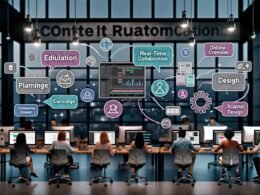 Modernes Büro mit einem Content-Team, mehreren Monitoren und integrierten Creator-Tools für Automatisierung und Workflow-Optimierung.