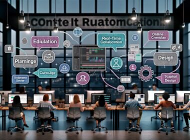 Modernes Büro mit einem Content-Team, mehreren Monitoren und integrierten Creator-Tools für Automatisierung und Workflow-Optimierung.