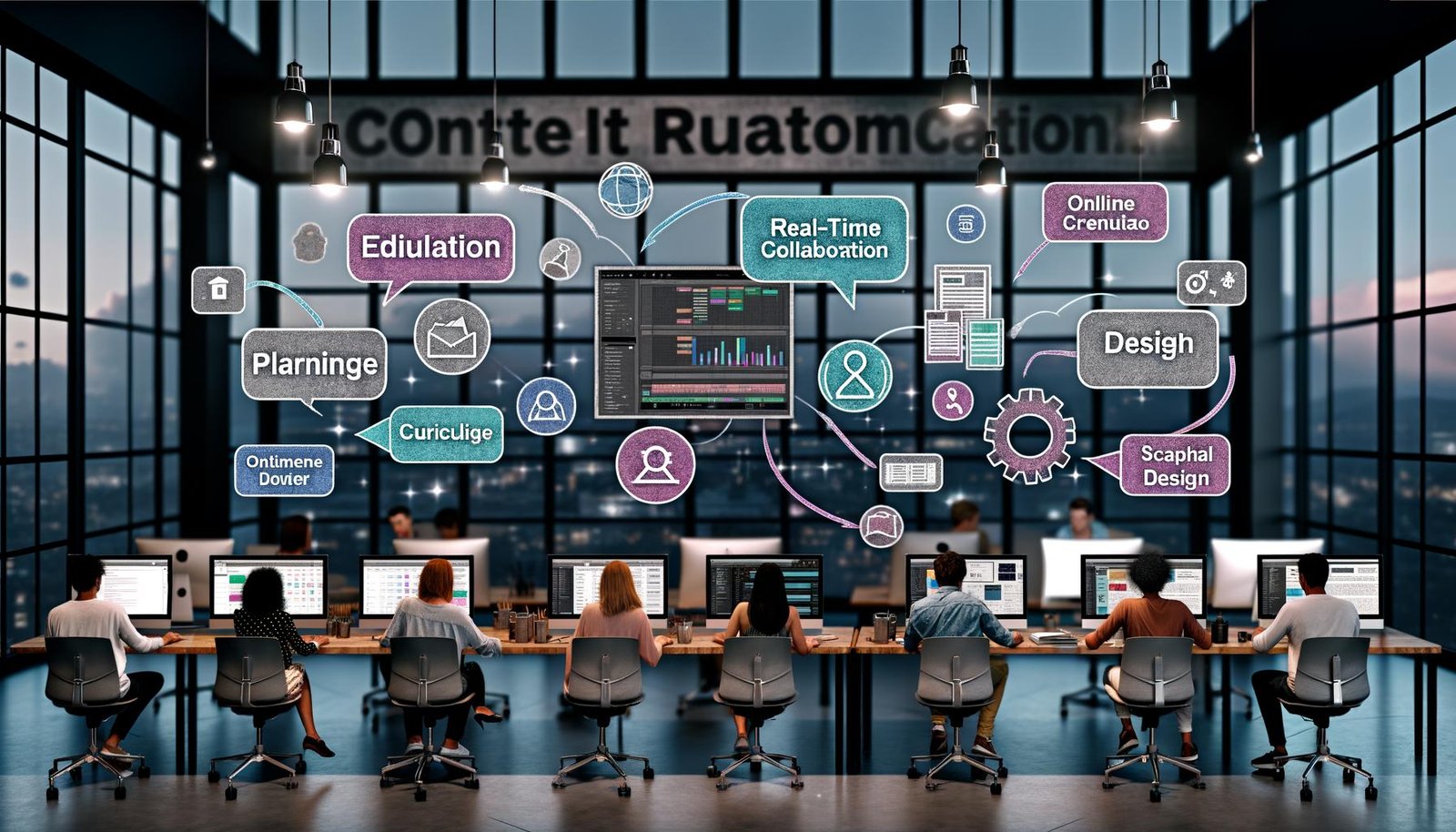 Modernes Büro mit einem Content-Team, mehreren Monitoren und integrierten Creator-Tools für Automatisierung und Workflow-Optimierung.