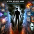 Düsteres Titelbild mit schemenhafter KI-Figur, Datenflut, Überwachungskameras, Deepfake-Masken und warnenden Symbolen – Darstellung der Risiken künstlicher Intelligenz