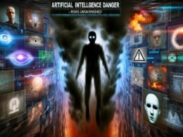 Düsteres Titelbild mit schemenhafter KI-Figur, Datenflut, Überwachungskameras, Deepfake-Masken und warnenden Symbolen – Darstellung der Risiken künstlicher Intelligenz