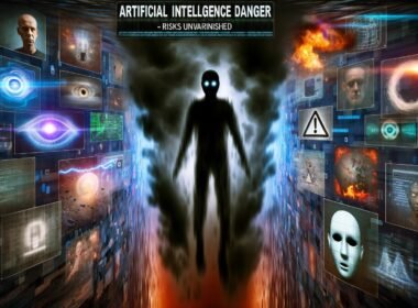 Düsteres Titelbild mit schemenhafter KI-Figur, Datenflut, Überwachungskameras, Deepfake-Masken und warnenden Symbolen – Darstellung der Risiken künstlicher Intelligenz