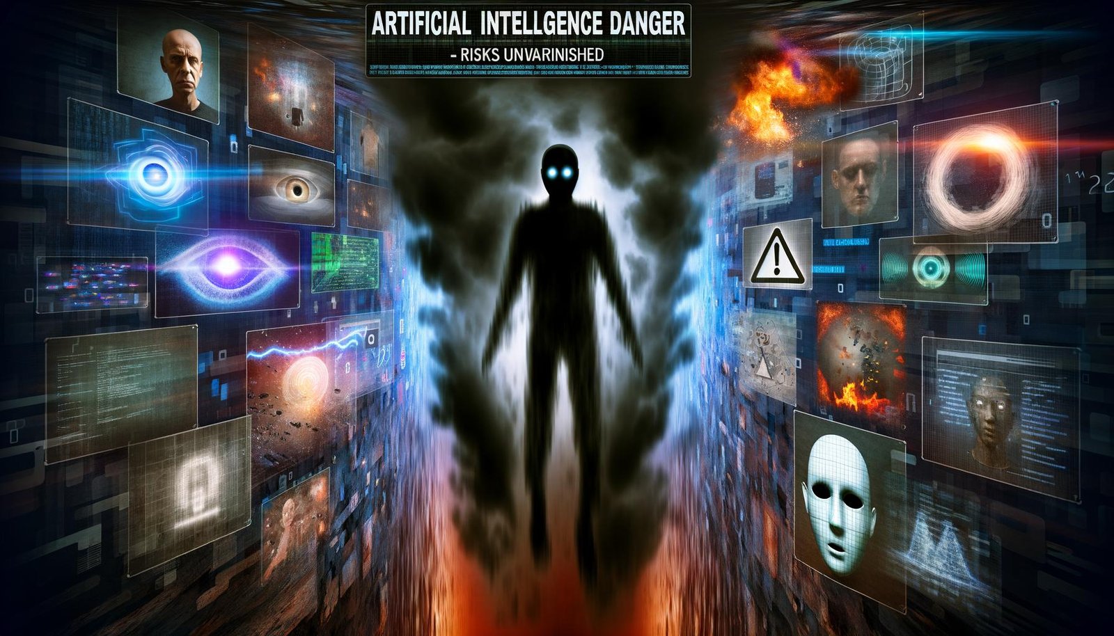 Düsteres Titelbild mit schemenhafter KI-Figur, Datenflut, Überwachungskameras, Deepfake-Masken und warnenden Symbolen – Darstellung der Risiken künstlicher Intelligenz