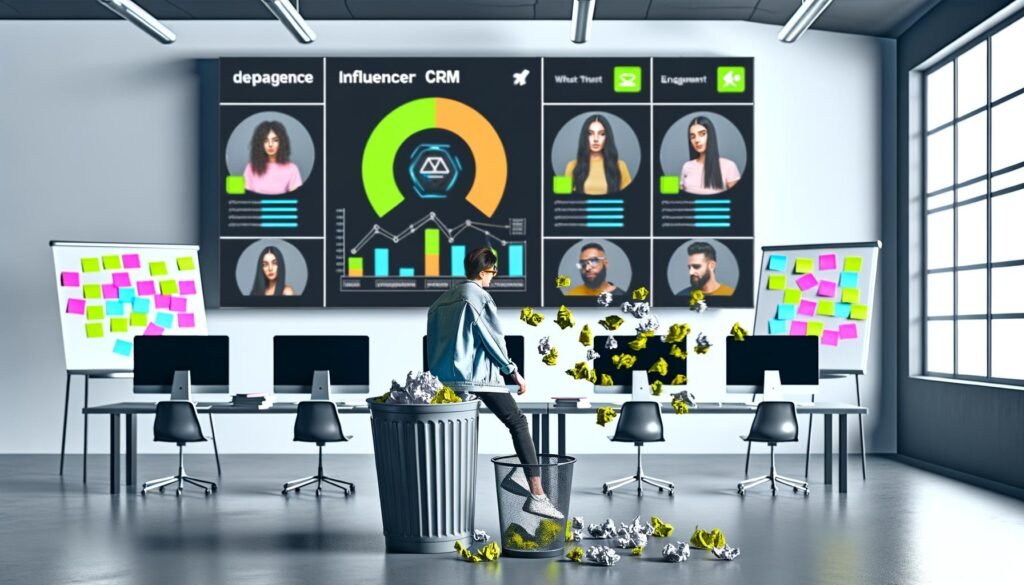 Digitale Büro-Szene mit Influencer CRM Dashboard auf eleganten Monitoren, Diagrammen, Influencer-Profilen und einer Person in Streetwear, die eine Excel-Liste in den Papierkorb wirft. Im Hintergrund Whiteboards und bunte Post-Its.