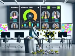 Digitale Büro-Szene mit Influencer CRM Dashboard auf eleganten Monitoren, Diagrammen, Influencer-Profilen und einer Person in Streetwear, die eine Excel-Liste in den Papierkorb wirft. Im Hintergrund Whiteboards und bunte Post-Its.