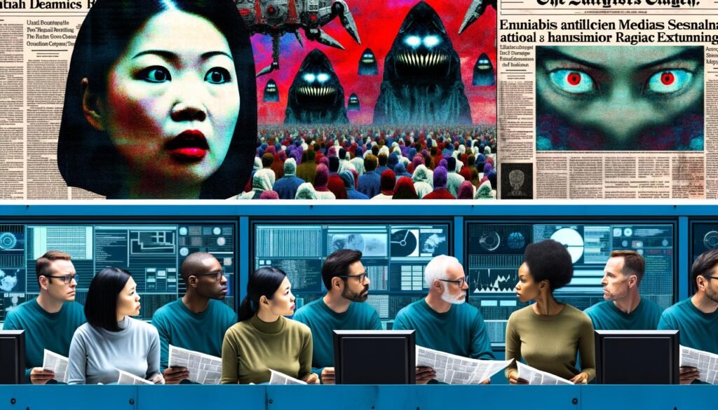Digitale Collage mit dramatischen Zeitungsüberschriften und bedrohlichen Roboterbildern auf der einen Seite, gegenüber gelassenen Tech-Profis an Kontrollpulten, die Diagramme und Code prüfen.