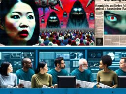 Digitale Collage mit dramatischen Zeitungsüberschriften und bedrohlichen Roboterbildern auf der einen Seite, gegenüber gelassenen Tech-Profis an Kontrollpulten, die Diagramme und Code prüfen.