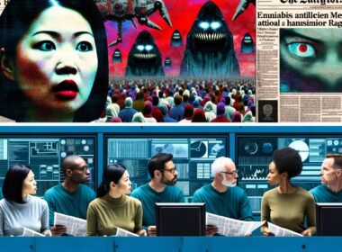 Digitale Collage mit dramatischen Zeitungsüberschriften und bedrohlichen Roboterbildern auf der einen Seite, gegenüber gelassenen Tech-Profis an Kontrollpulten, die Diagramme und Code prüfen.