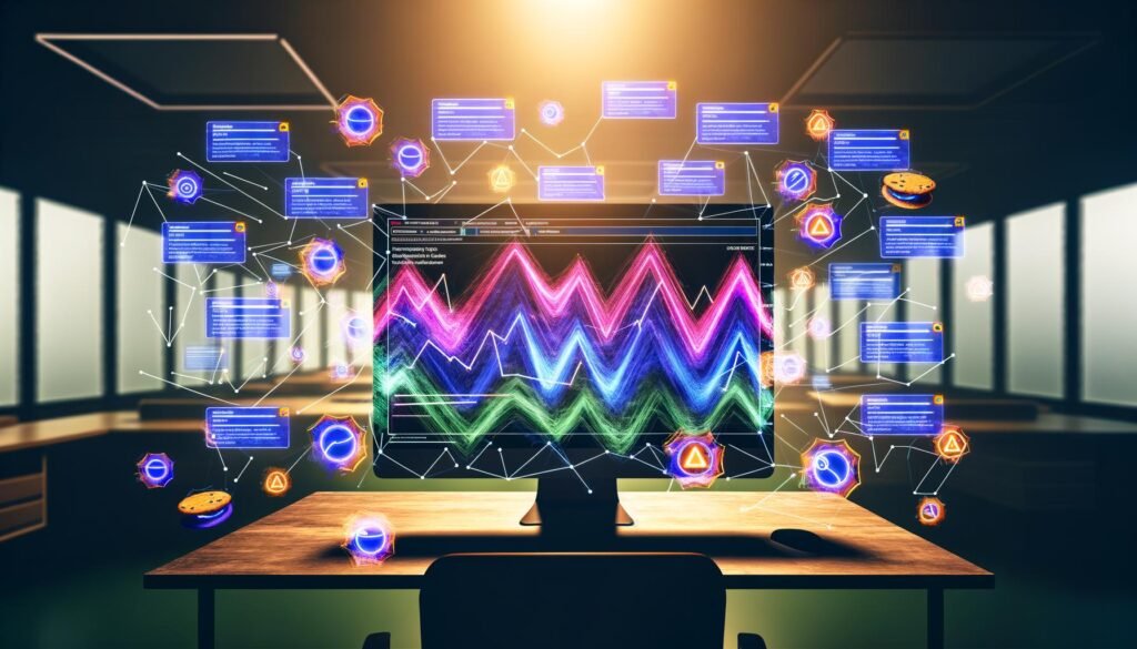 Analytics-Dashboard mit bunten Session-Grafiken, umgeben von Symbolen für Cookies, Tracking und technischen Warnhinweisen im dunklen Büroraum