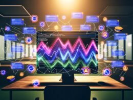 Analytics-Dashboard mit bunten Session-Grafiken, umgeben von Symbolen für Cookies, Tracking und technischen Warnhinweisen im dunklen Büroraum