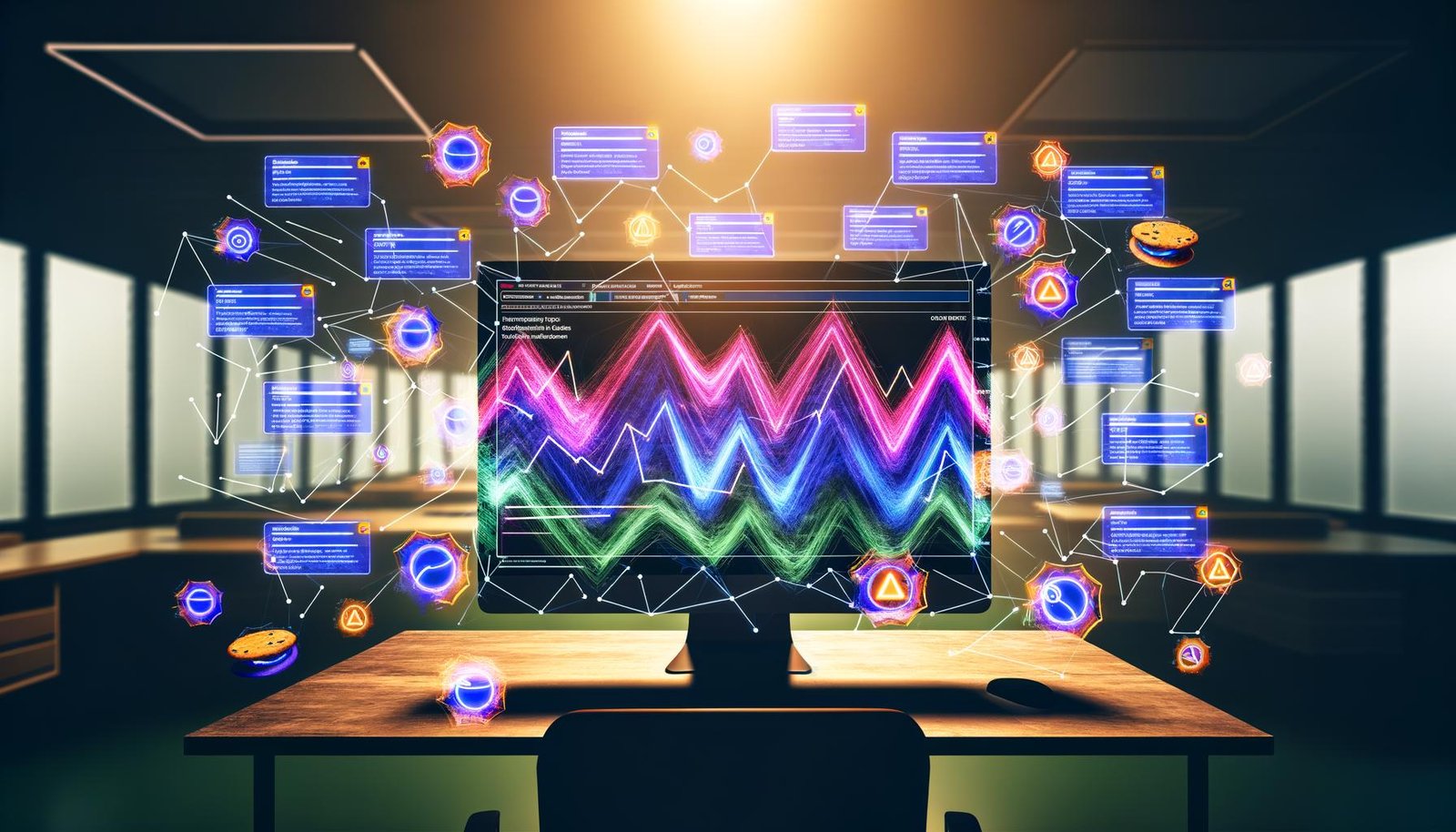 Analytics-Dashboard mit bunten Session-Grafiken, umgeben von Symbolen für Cookies, Tracking und technischen Warnhinweisen im dunklen Büroraum