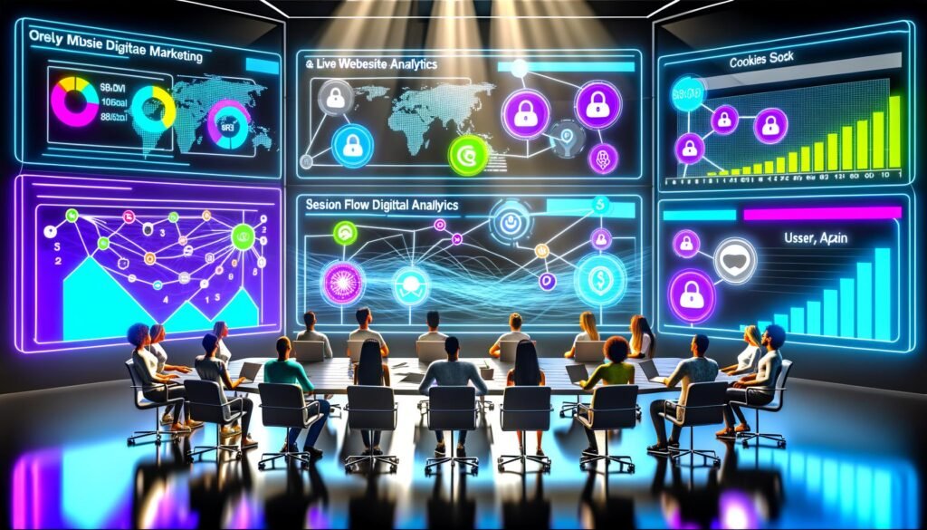Futuristischer Arbeitsplatz im digitalen Marketing mit zahlreichen Bildschirmen, Live-Website-Analysen, Sicherheitsicon und Team von Analysten in Diskussion.