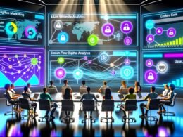Futuristischer Arbeitsplatz im digitalen Marketing mit zahlreichen Bildschirmen, Live-Website-Analysen, Sicherheitsicon und Team von Analysten in Diskussion.