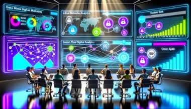 Futuristischer Arbeitsplatz im digitalen Marketing mit zahlreichen Bildschirmen, Live-Website-Analysen, Sicherheitsicon und Team von Analysten in Diskussion.