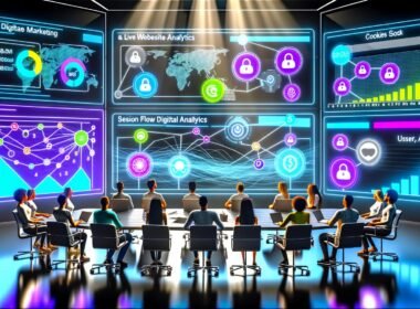 Futuristischer Arbeitsplatz im digitalen Marketing mit zahlreichen Bildschirmen, Live-Website-Analysen, Sicherheitsicon und Team von Analysten in Diskussion.