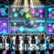 Futuristischer Arbeitsplatz im digitalen Marketing mit zahlreichen Bildschirmen, Live-Website-Analysen, Sicherheitsicon und Team von Analysten in Diskussion.