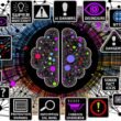 Abstraktes neuronales Netzwerk mit Schlagzeilen, Fakten-Icons, Alarmzeichen und Datenschutzsymbolen in einer modernen Collage zur KI-Debatte.