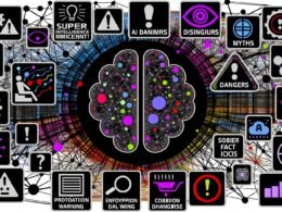 Abstraktes neuronales Netzwerk mit Schlagzeilen, Fakten-Icons, Alarmzeichen und Datenschutzsymbolen in einer modernen Collage zur KI-Debatte.