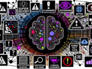 Abstraktes neuronales Netzwerk mit Schlagzeilen, Fakten-Icons, Alarmzeichen und Datenschutzsymbolen in einer modernen Collage zur KI-Debatte.