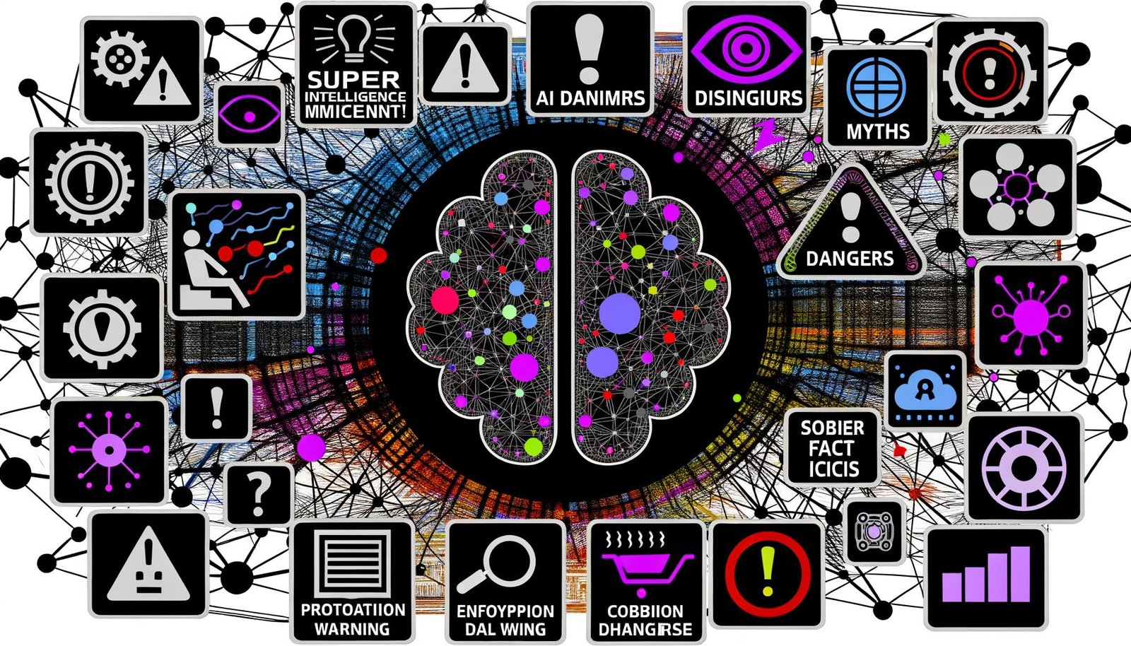 Abstraktes neuronales Netzwerk mit Schlagzeilen, Fakten-Icons, Alarmzeichen und Datenschutzsymbolen in einer modernen Collage zur KI-Debatte.