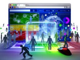 Moderne, abstrakte Illustration eines transparenten Dashboards mit Heatmaps, Session Replays und Nutzer-Metriken, umgeben von Nutzer-Silhouetten mit Mausaktionen, vor einem Netzwerk aus Datenpunkten.