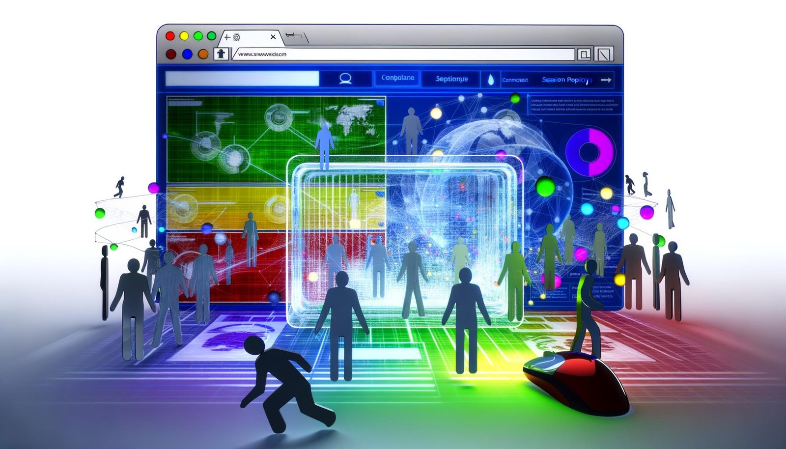 Moderne, abstrakte Illustration eines transparenten Dashboards mit Heatmaps, Session Replays und Nutzer-Metriken, umgeben von Nutzer-Silhouetten mit Mausaktionen, vor einem Netzwerk aus Datenpunkten.