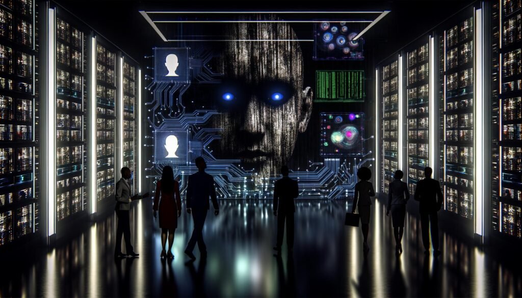 Futuristischer Serverraum mit schwebendem KI-Gesicht und besorgten Geschäftsleuten im Halbdunkel